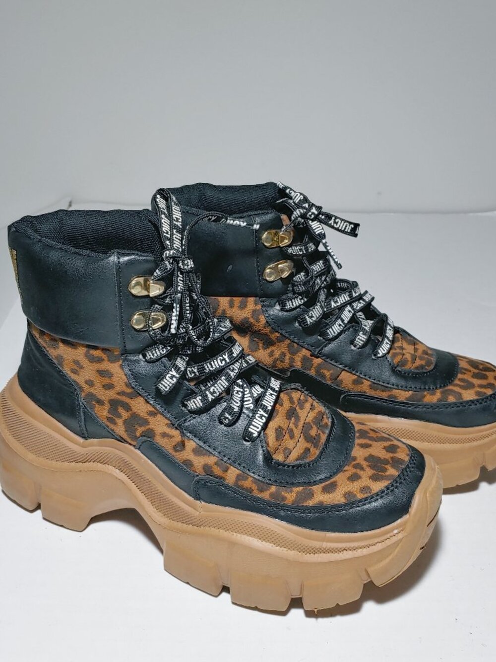 Juicy Couture Lace Up Textile and Faux Leather Animal Print Boots Size 8
